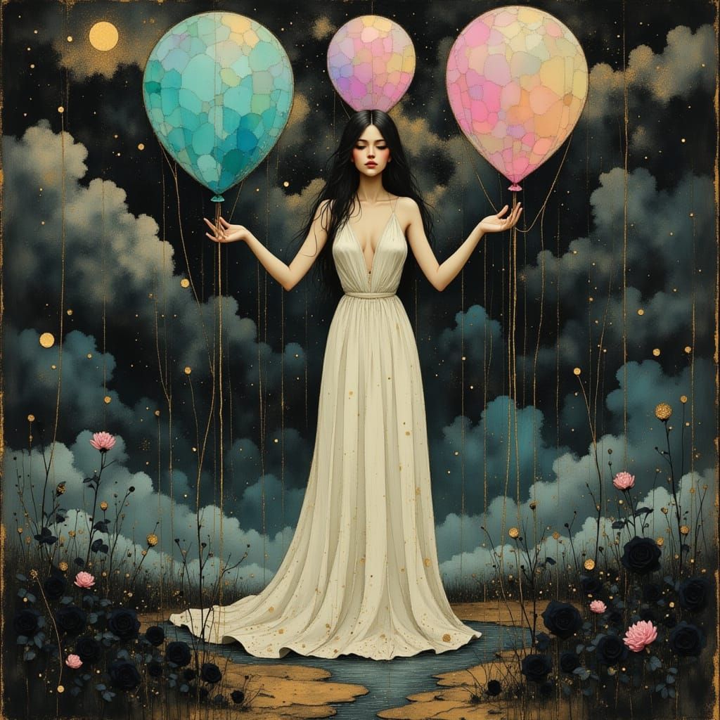 Woman Ascending with Balloons in Art Nouveau Style