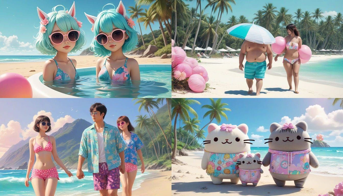 Kawaii Tardigrade Couple Strolls Beach in Swimwear