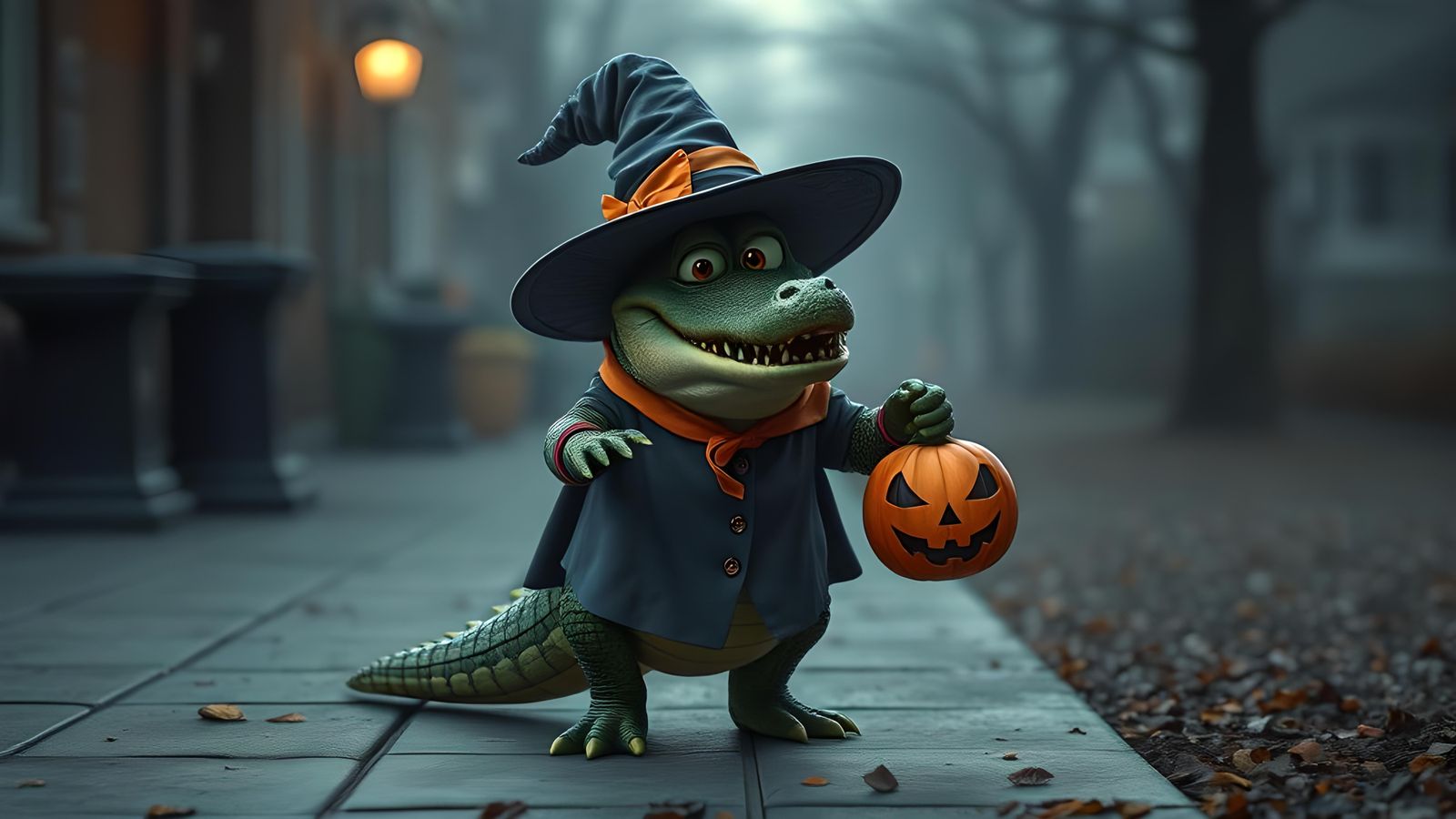 Witch Crocodile with Treat Bag: Digital Illustration