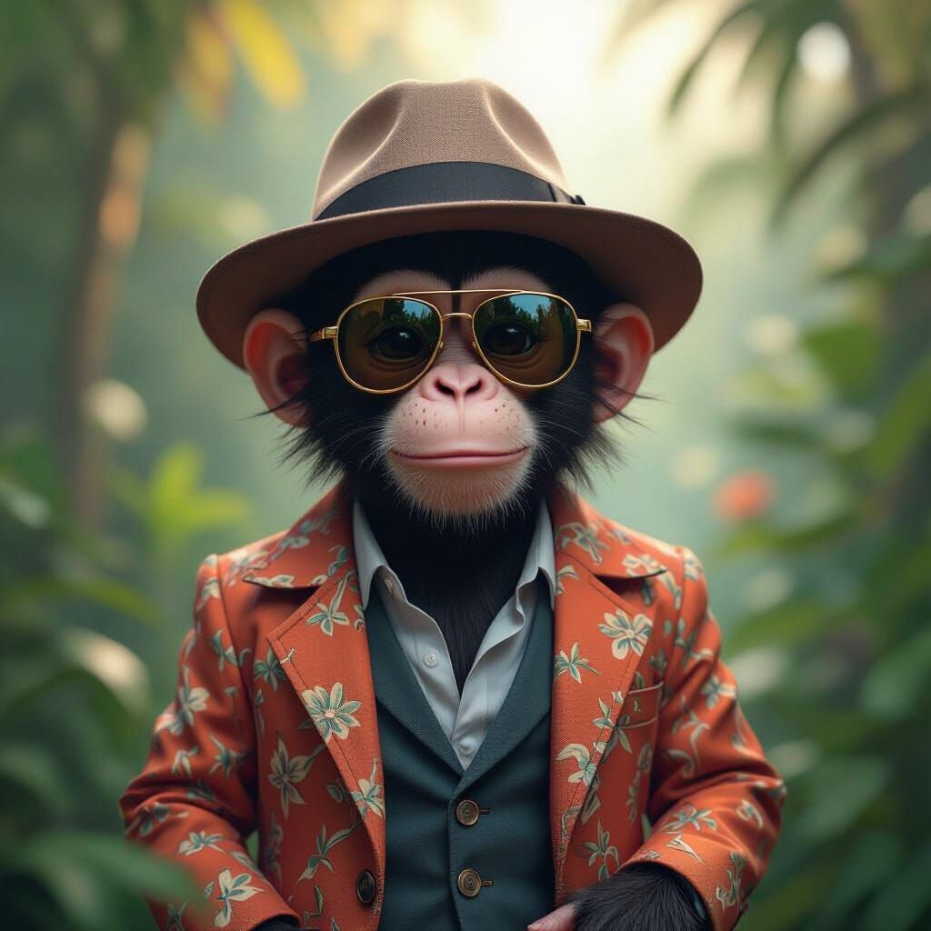 Cute Monkey in Fedora and Sunglasses, Fantasy Art Style