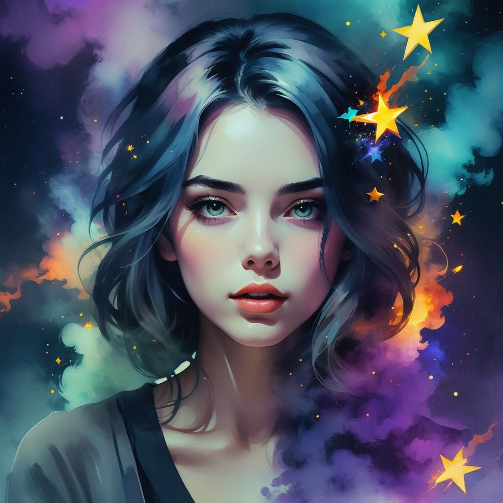 Epic Starlit Scene in Watercolor Glitch Art