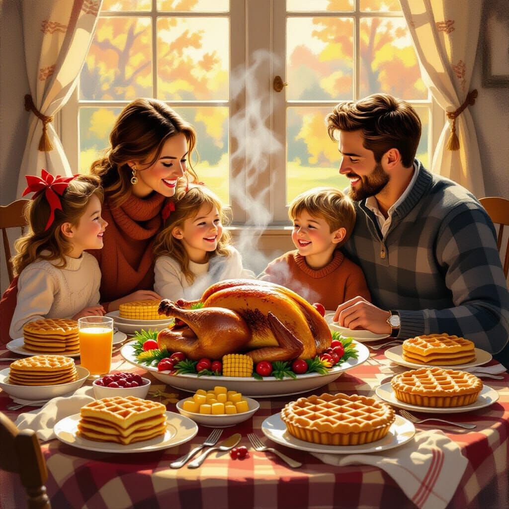 Joyful Family Thanksgiving Feast in Warm Oil Painting Style