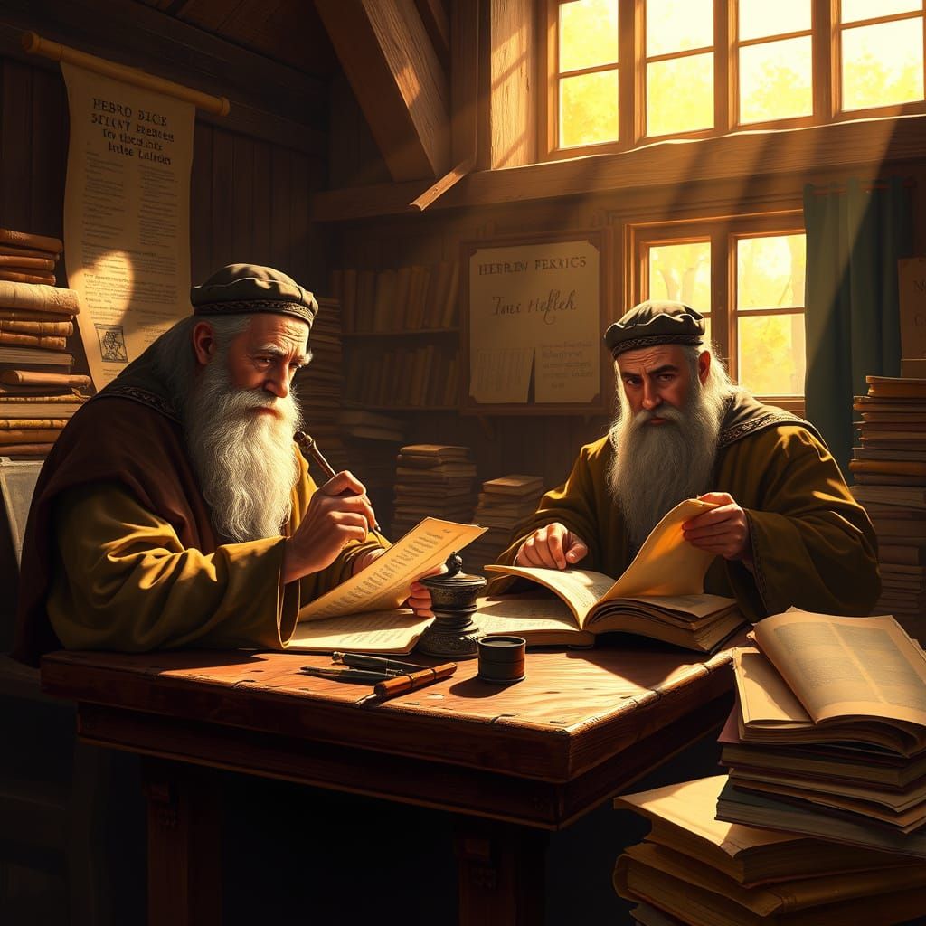 Ancient Scribes Copying Religious Texts in Golden Light