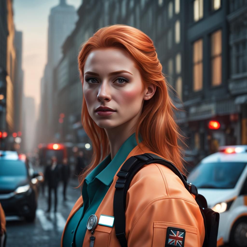 Beautiful Paramedic in Cityscape, Photorealistic Rendering