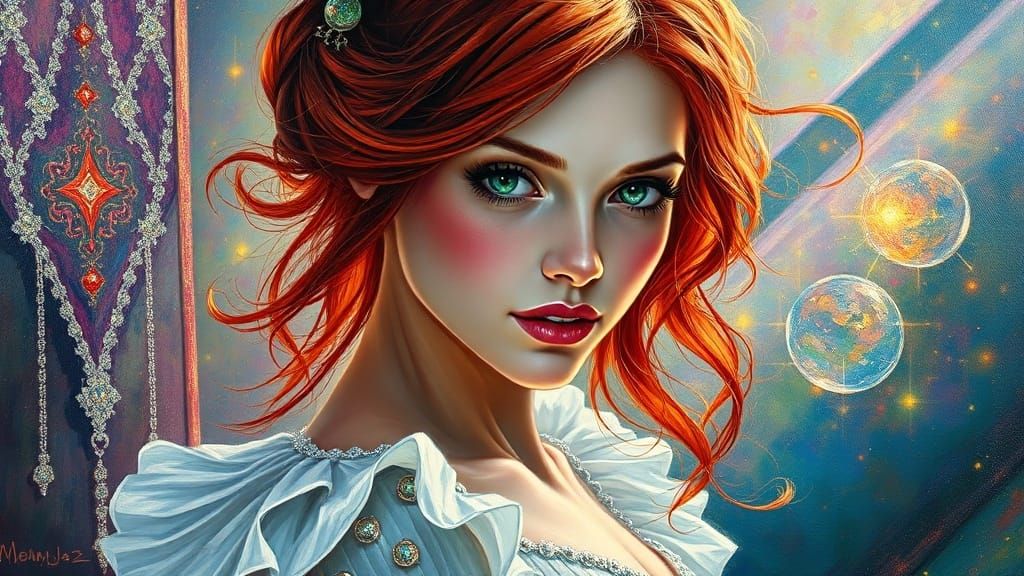 Ethereal Portrait of a Red-Haired Woman in Glittering Dress