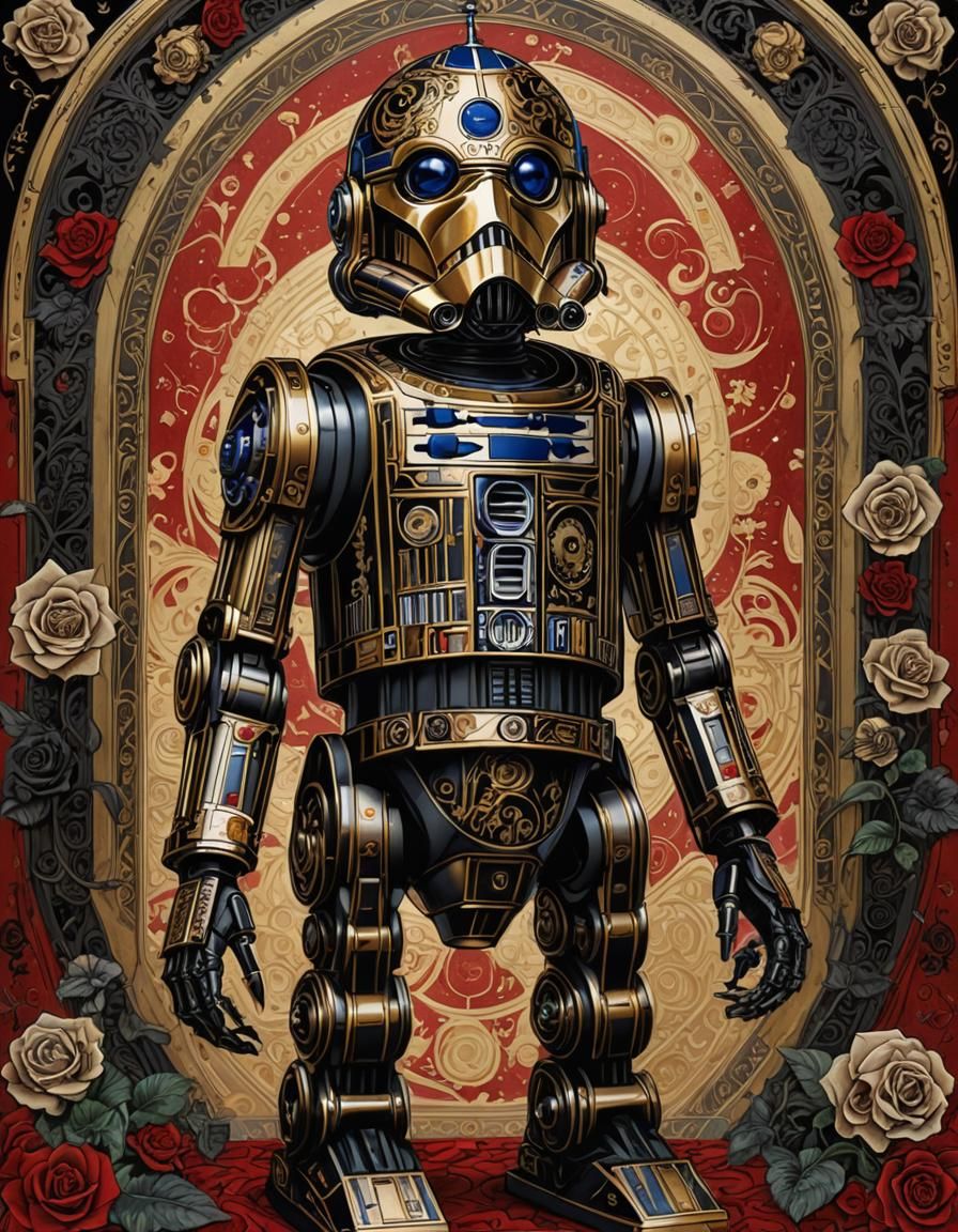 Gothic R2D2 Portrait in Red, Black, and Gold