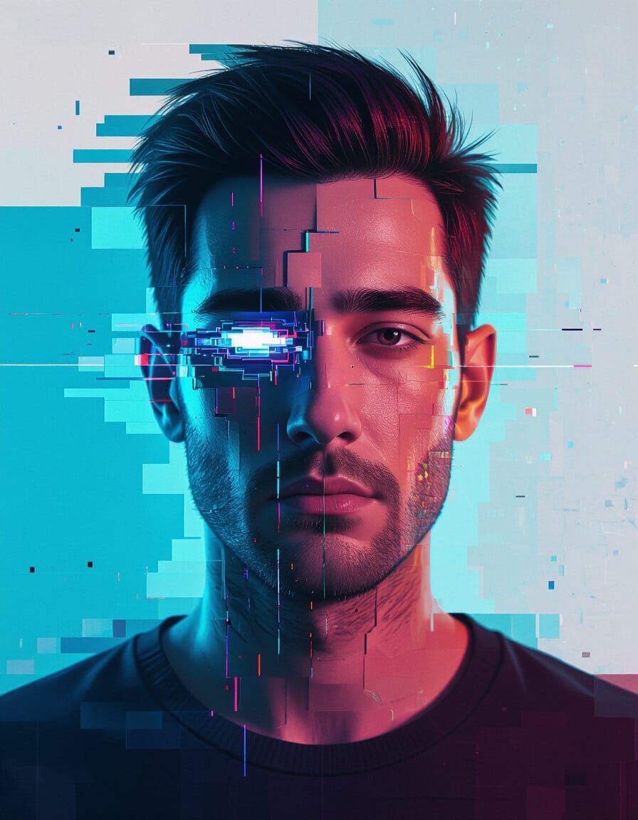 Glitchcore Portrait of Man Melting Into Static