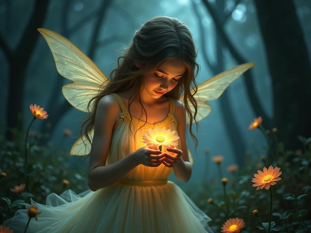 Fairy Princess in Moody Forest with Glowing Flower