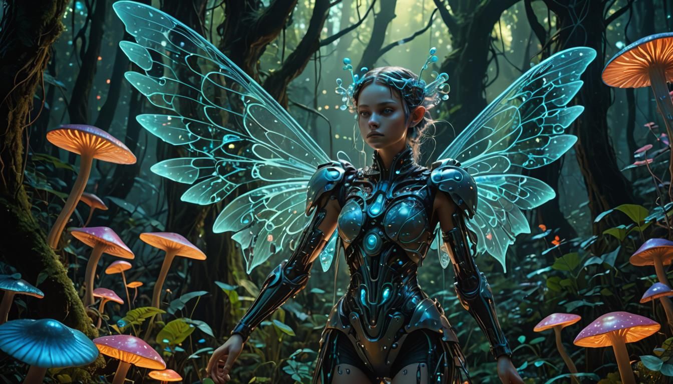 Bioluminescent Biomechanical Fairy in Surreal Forest