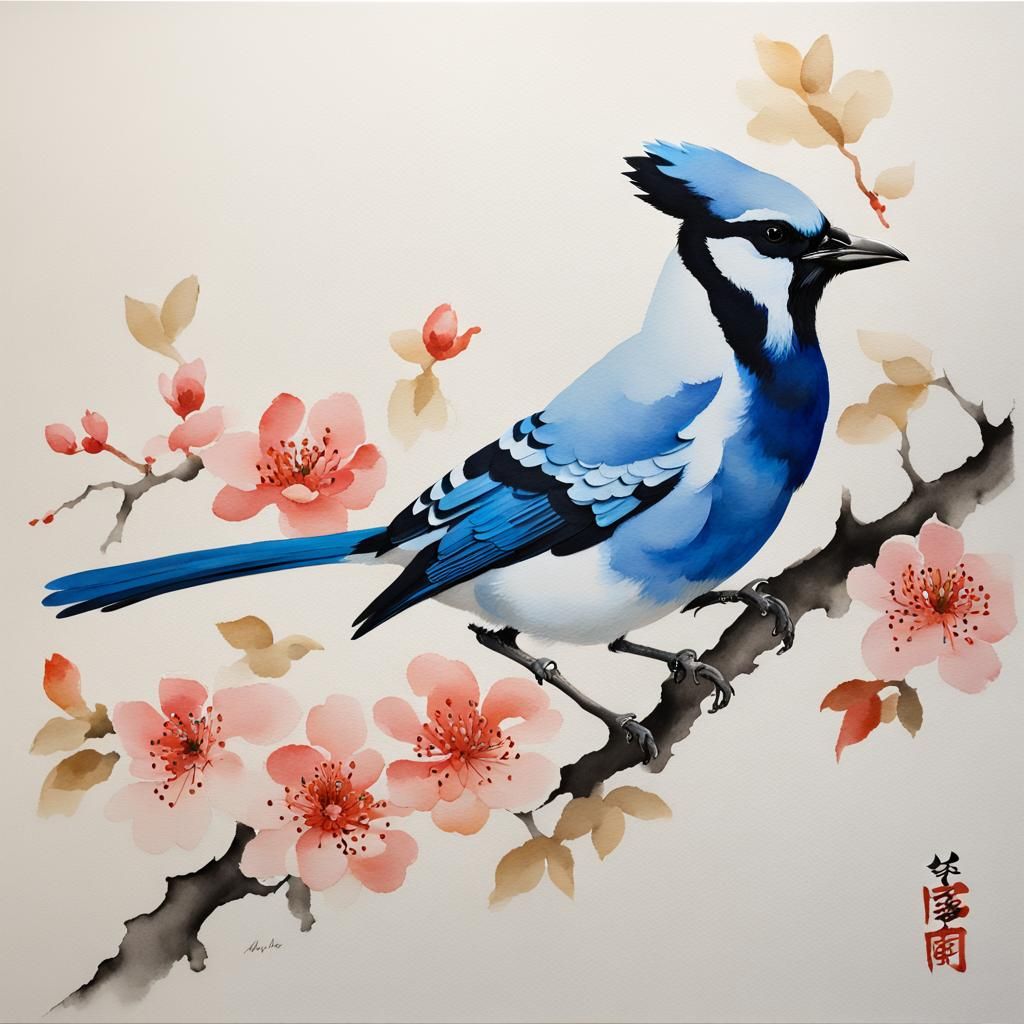 Minimalist Jay in Chinese Ink Painting