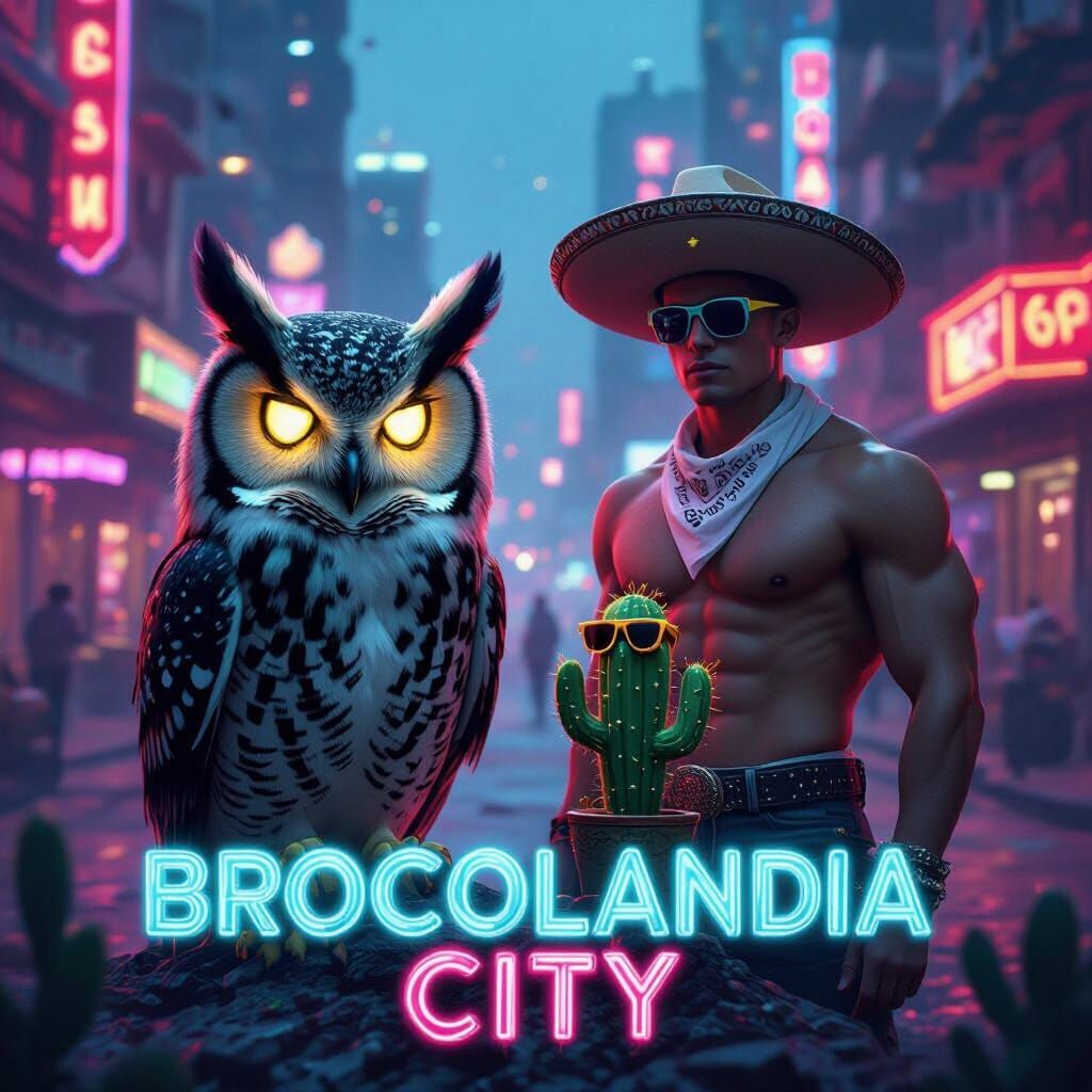 All-Seeing Owl and Muscled Man in Neon City
