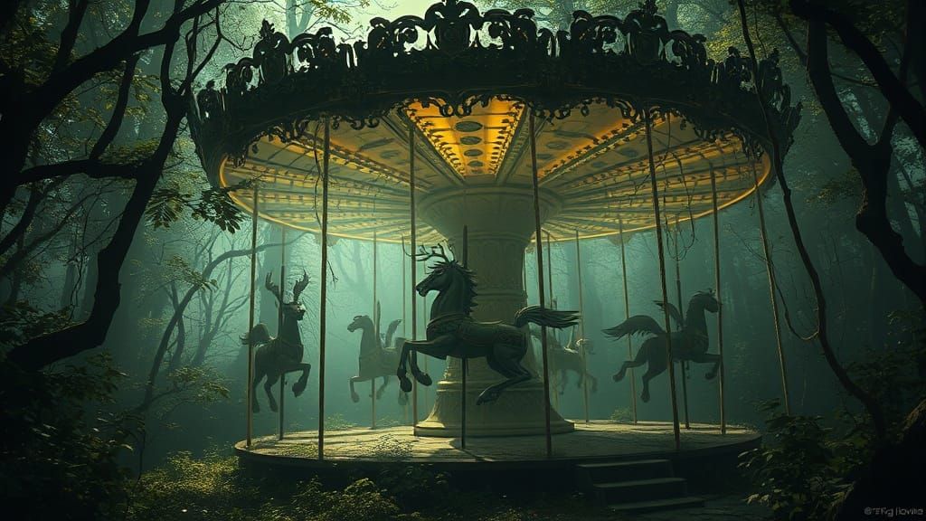 Abandoned Enchanted Carousel with Mythical Creatures