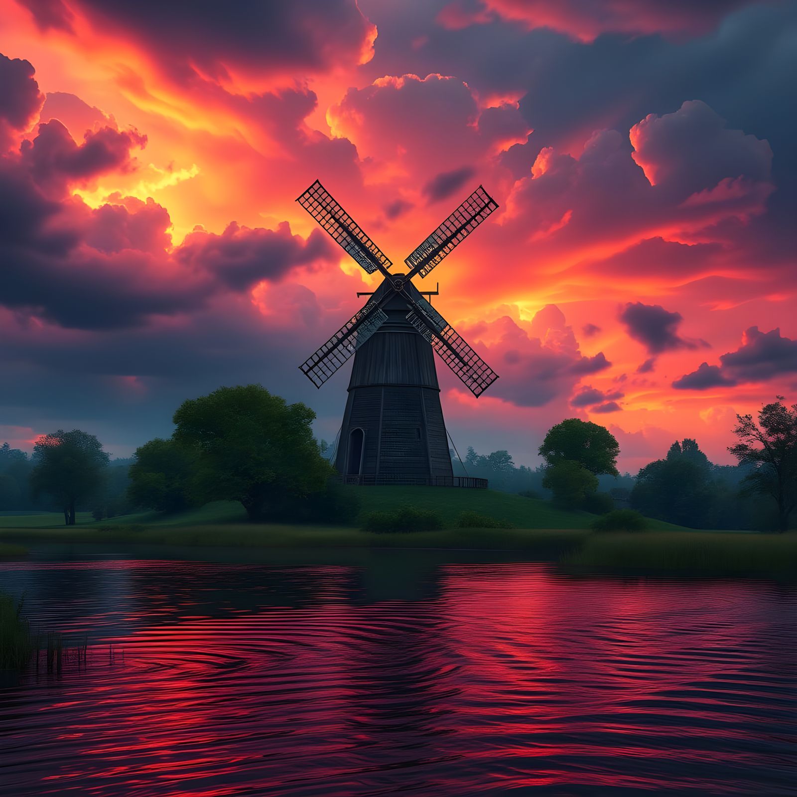 Fantastical Countryside Scene with Dramatic Stormy Sky and W...