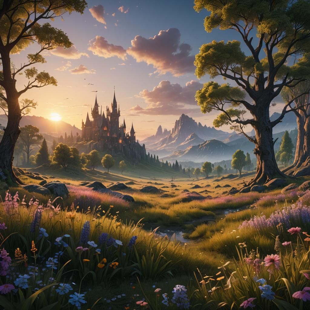 Fantastical Meadow at Sunrise in Detailed Matte Painting