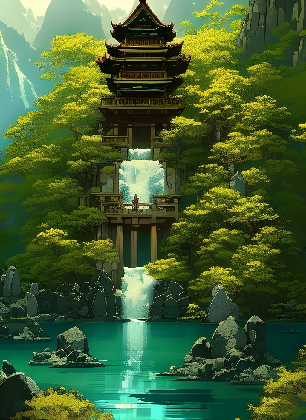 Mountain Water Temple with Blossoming Trees