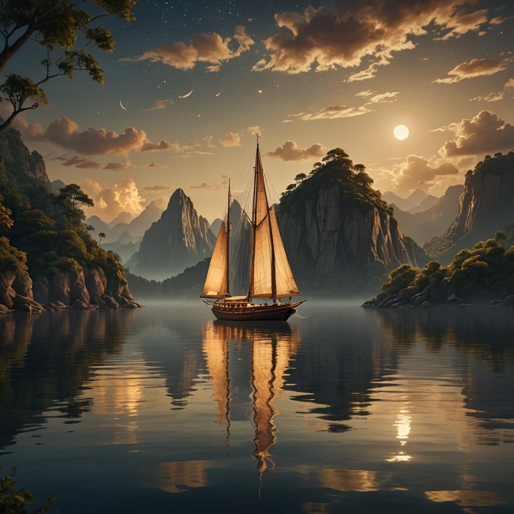 Wooden Sailboat Glides on Calm Water: Digital Art