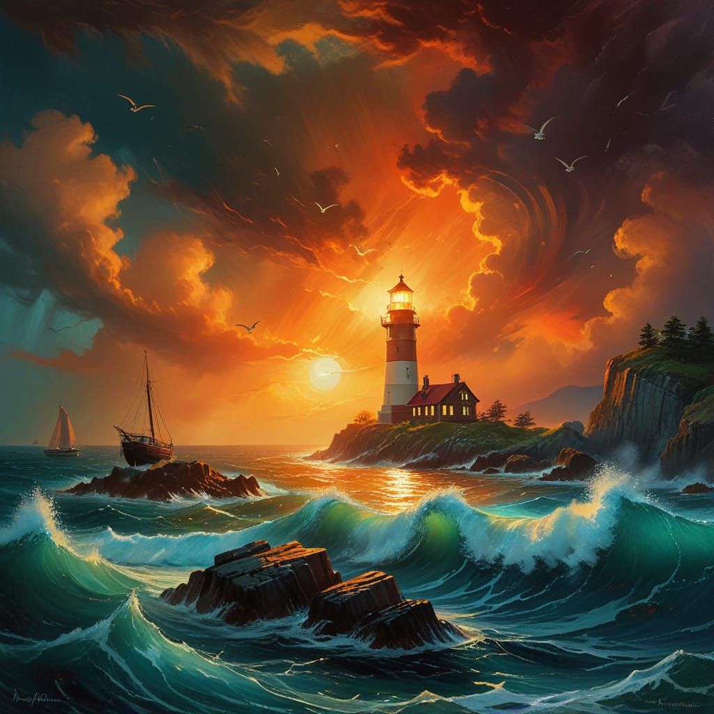 Luminous Victorian Lighthouse Amidst Turbulent Seascape in I...