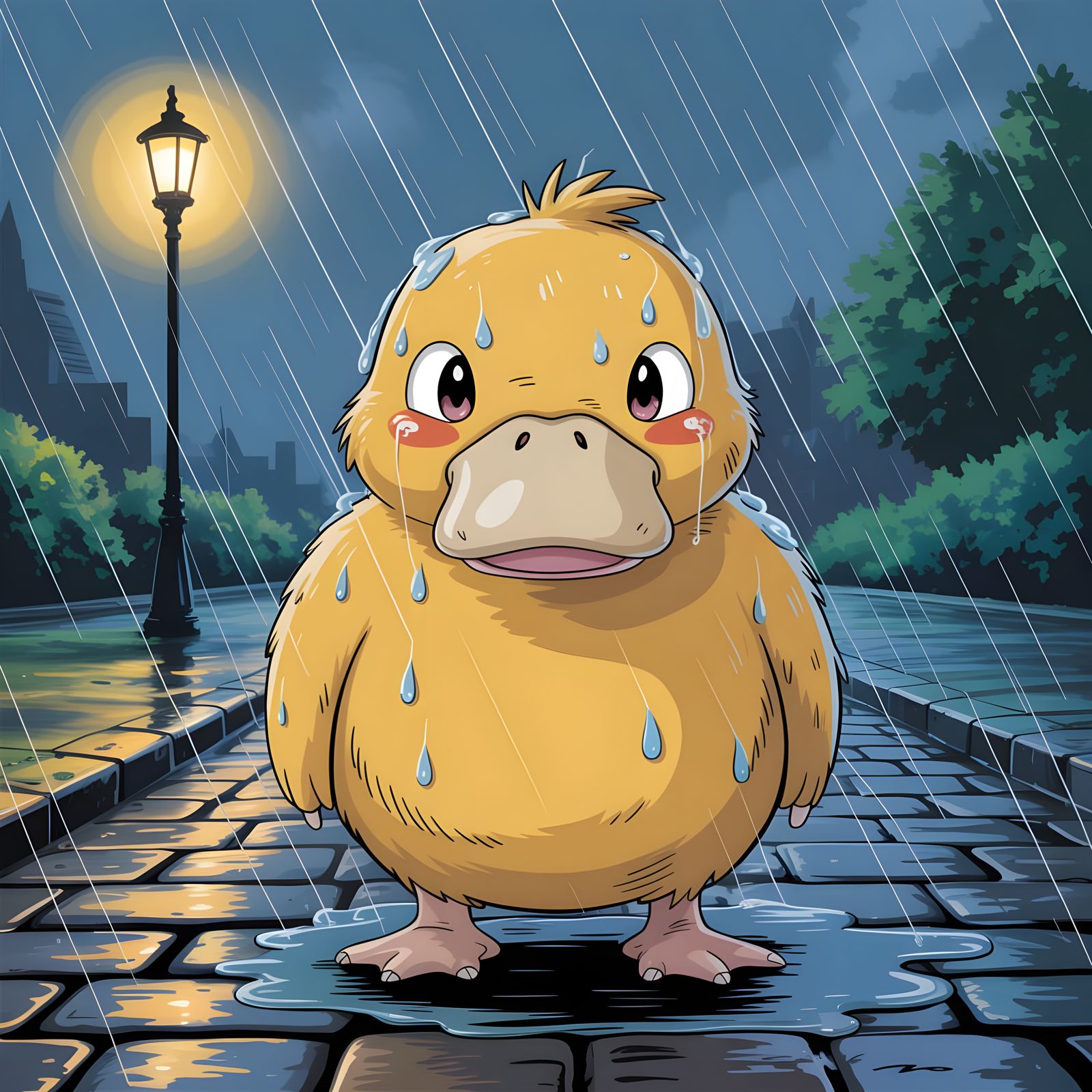 Depressed Psyduck in Rain, Studio Ghibli Style