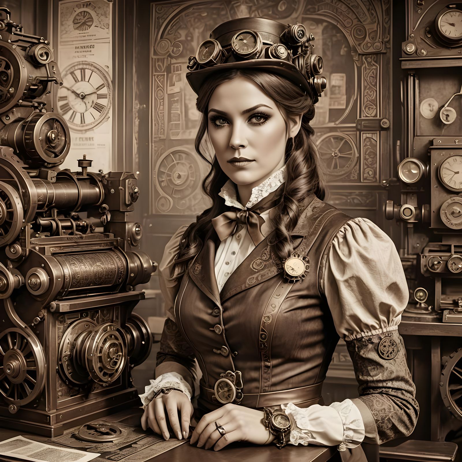 Steampunk News Reporter in Sepia