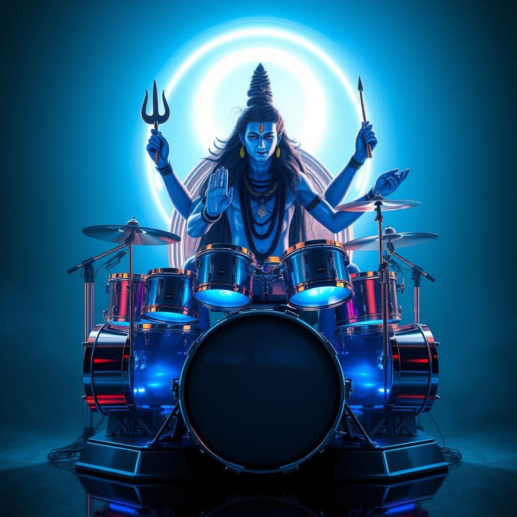 Lord Shiva Drumming in Cosmic Blue Light