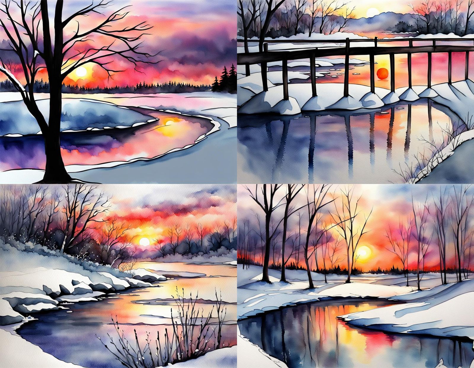 Winter Sunset Watercolor Art