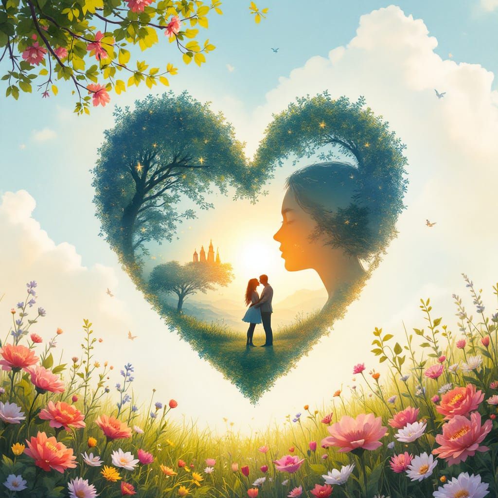 Heart Silhouette with Happy Life Double Exposure