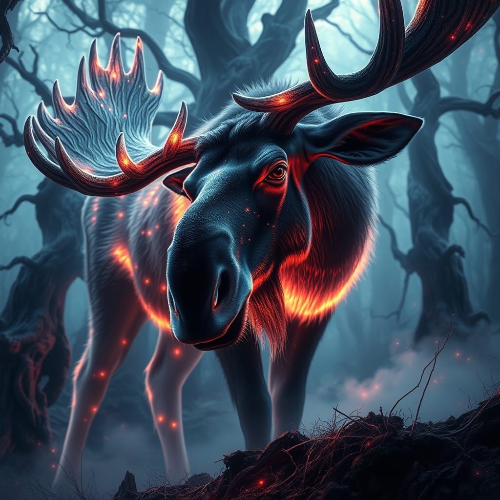 Surreal Digital Moose in Ethereal Forest Glows with Mystical...