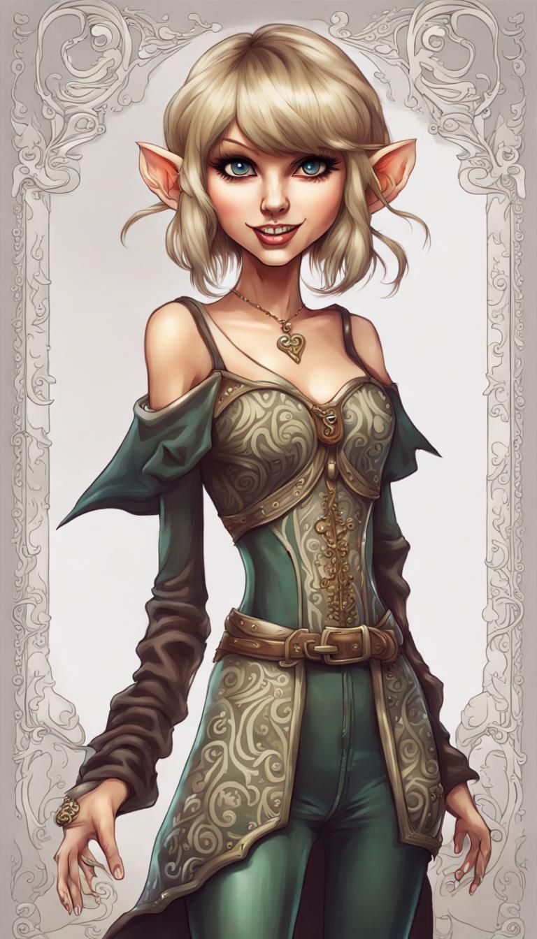 emo Eladrin elf outfit, funny caricature of Taylor Swift, full body, smooth skin, attractive, big eyes, smiling, young f...