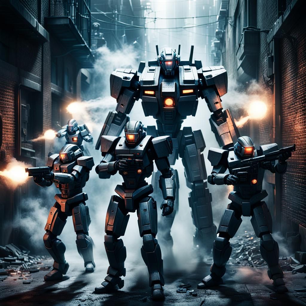 Sci-Fi Mecha Team Fight in Dark Alley