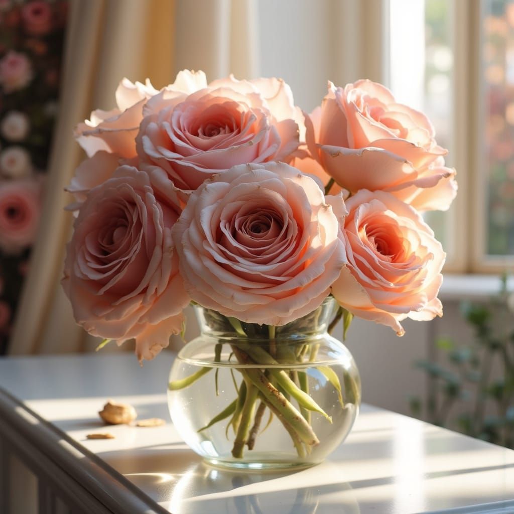 Four Yellow Roses in a Bohemian Glass Vase on a Hand-Knit Wh...