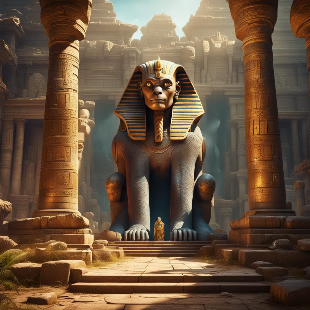 Enigmatic Sphinx Guarding Ancient Temple in Digital Art