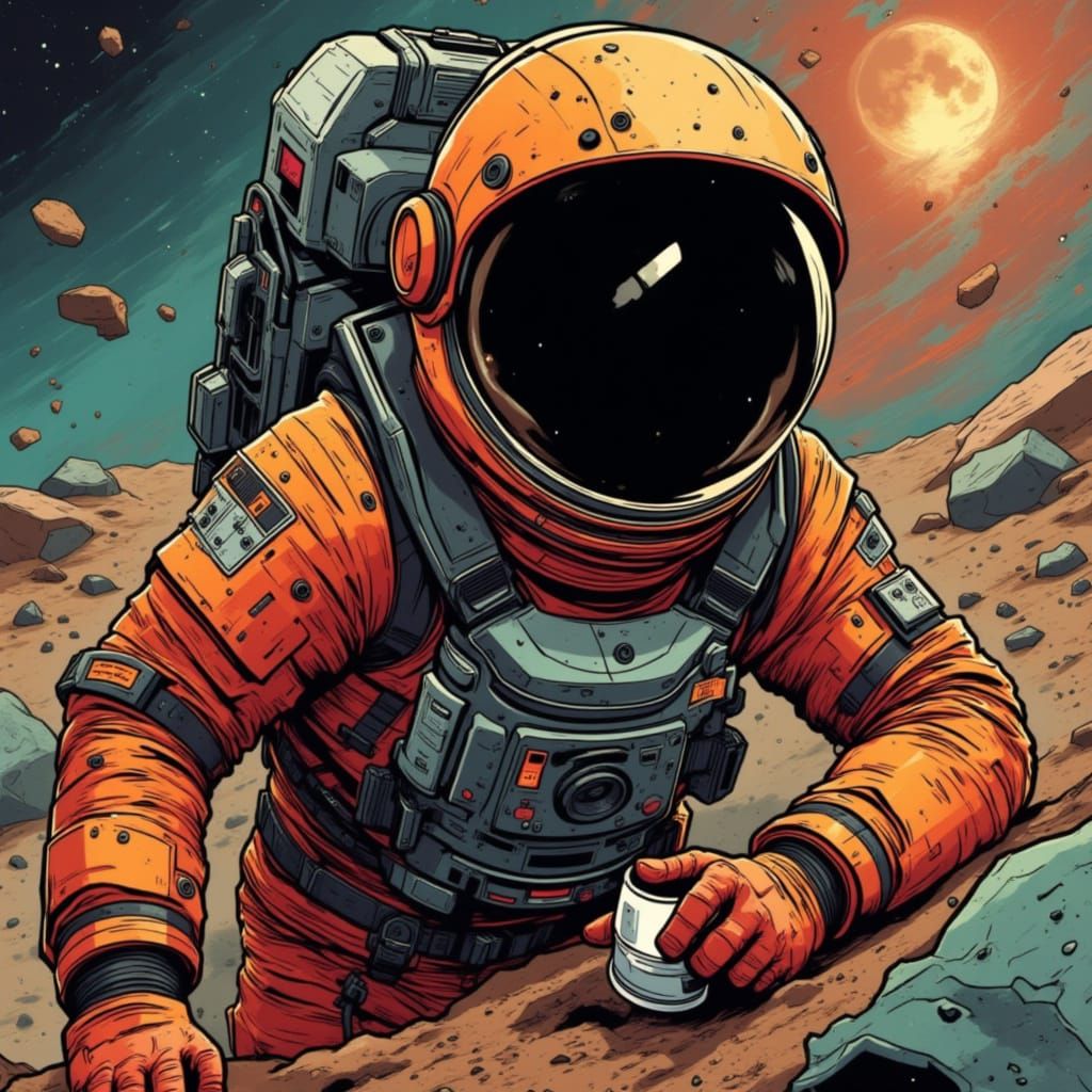 Caffeine Spaceman, burnt-orange salvage suit, black visor, j...
