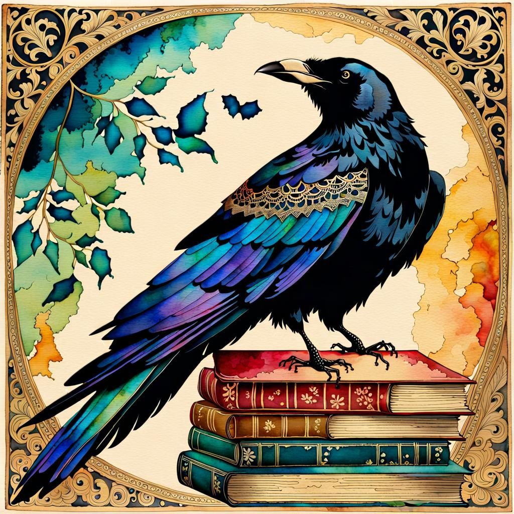 Gothic Woman and Raven in Watercolor Style