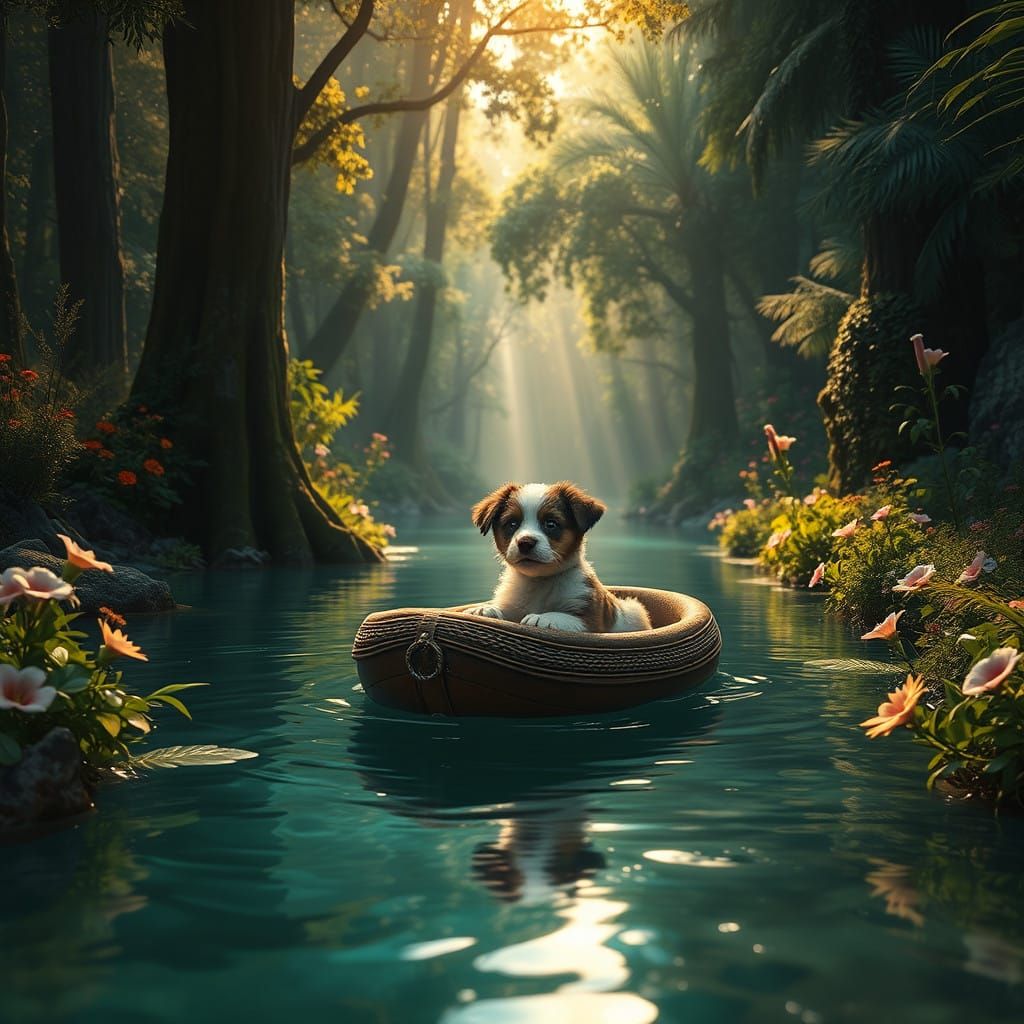 Gentle Puppy Floats Down a Serene River Landscape