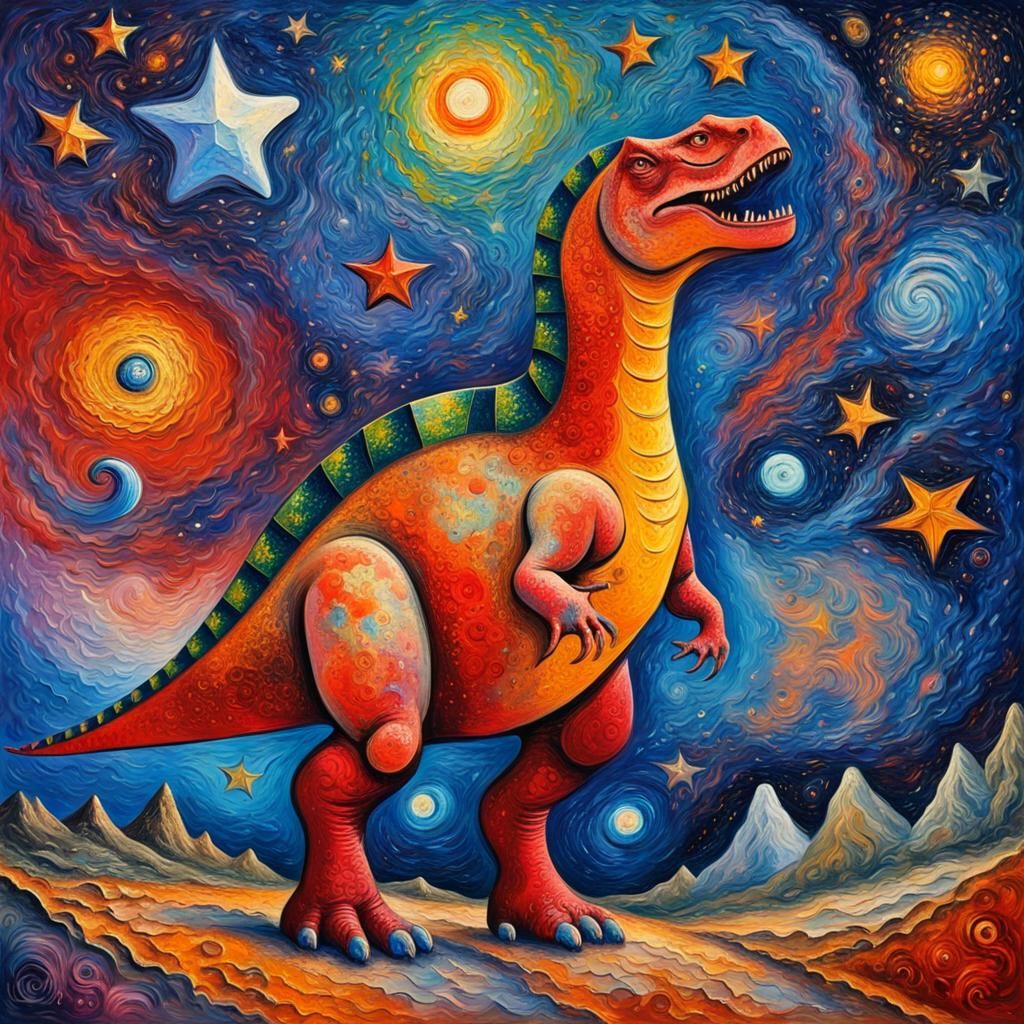 Starikosaurus Dinosaur Roaming Cosmos in Abstract Impasto Ar...