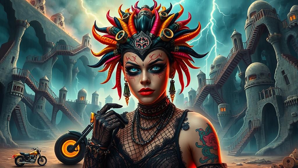 Punk Rocker in Post-Apocalyptic Landscape as Oil Painting