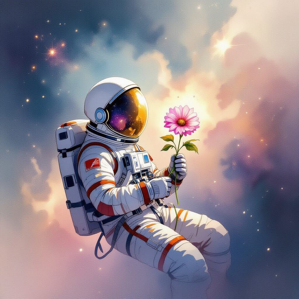 Astronaut Adrift in Nebula with Cosmic Flower, Watercolor St...