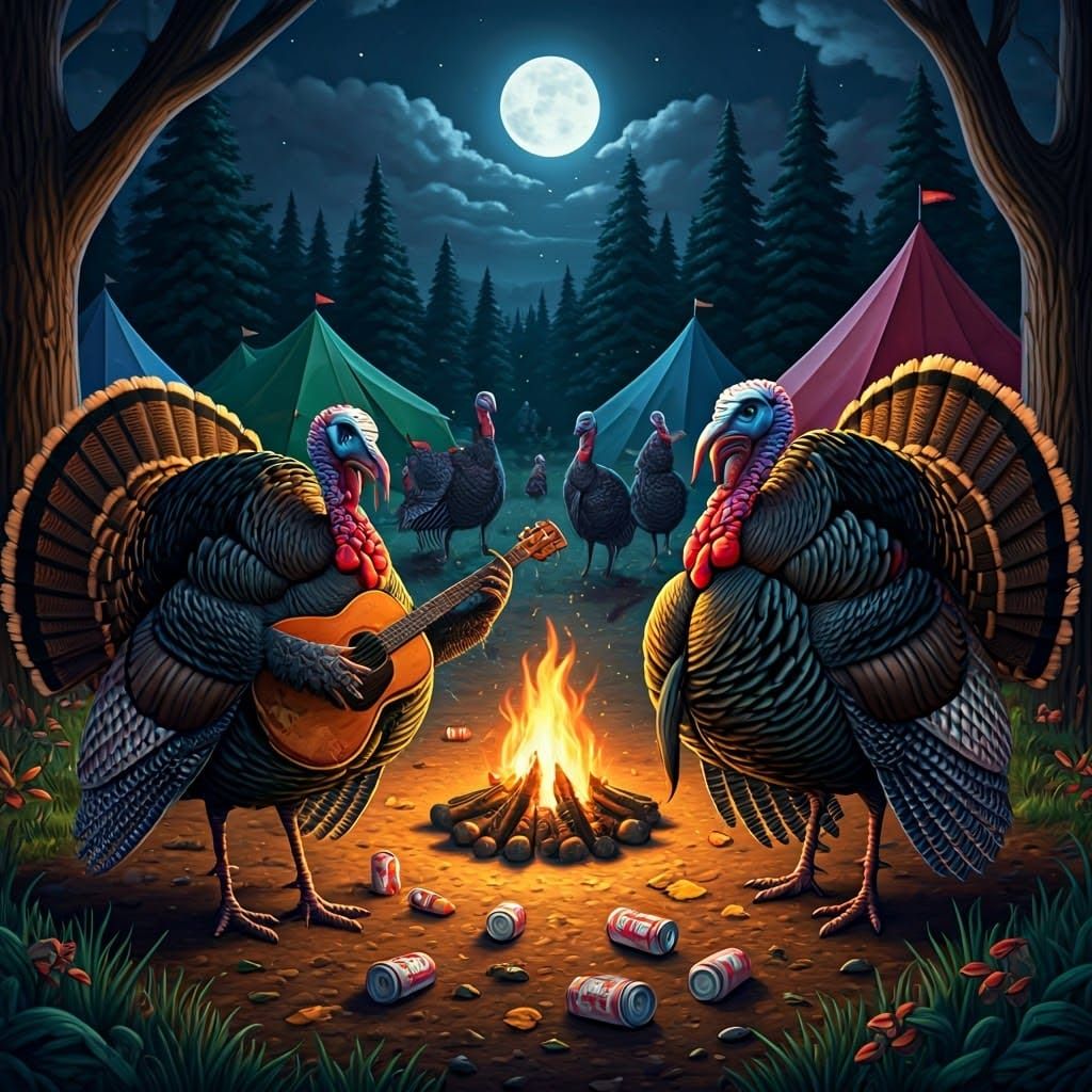 Turkeys' Moonlit Beer Fest: Folk Art Surrealism