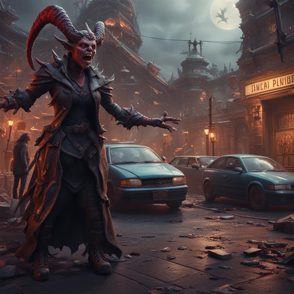 Female Demon Argues Parking Ticket in Detailed Matte Paintin...