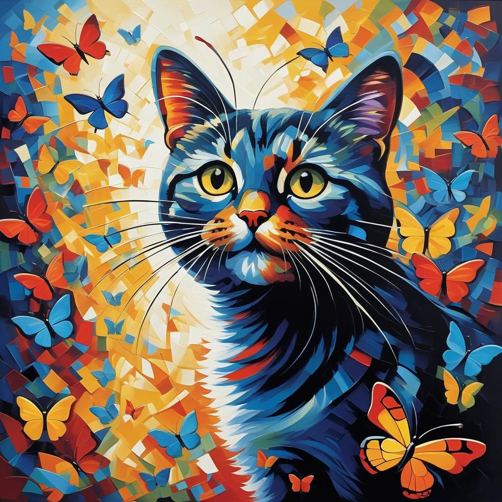 Cat and Butterfly in Impressionist Cubism