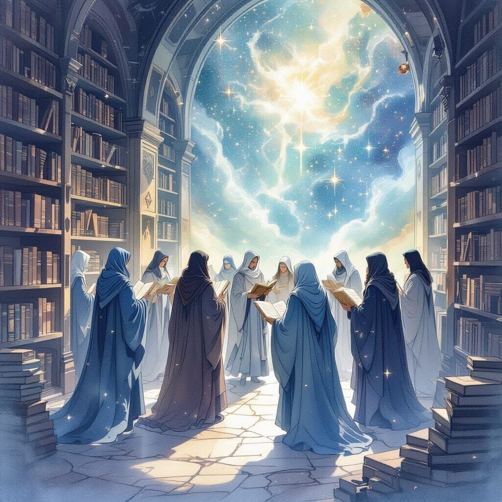 Celestial Library with Scholars in Watercolor Style