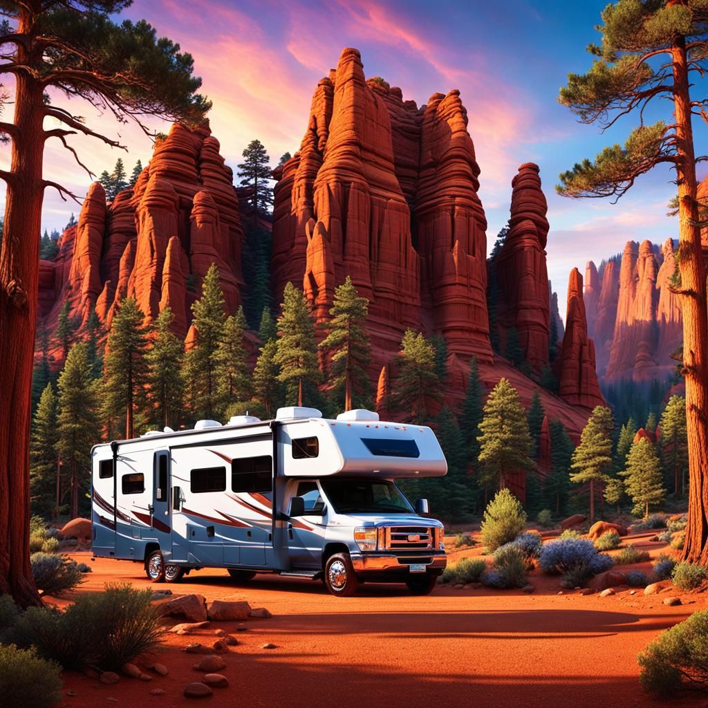 Rustic RV Amidst Red Rocks: Fantasy Matte Painting