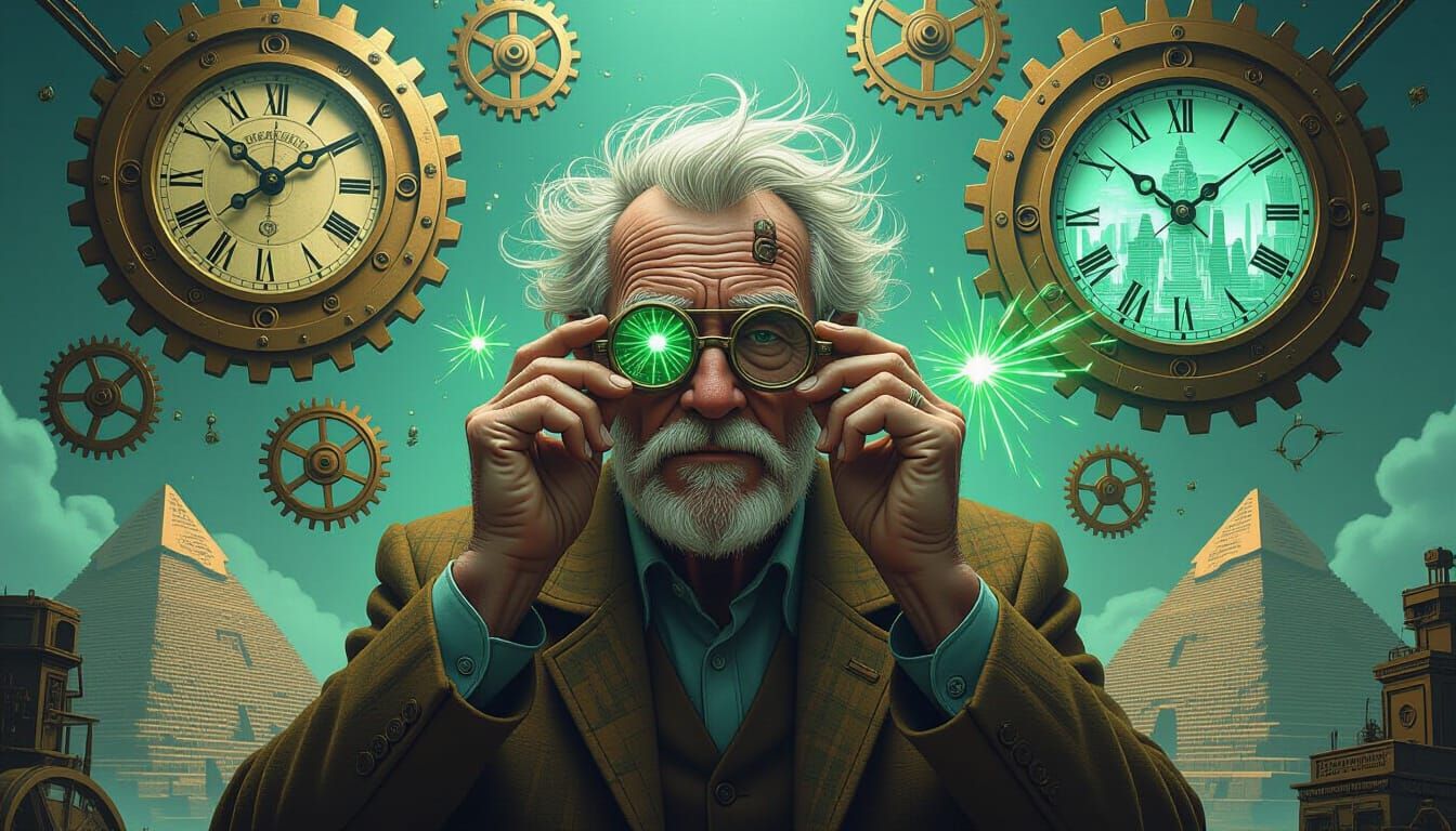 Inventor Surrounded by Clockwork Gears in Industrial Style