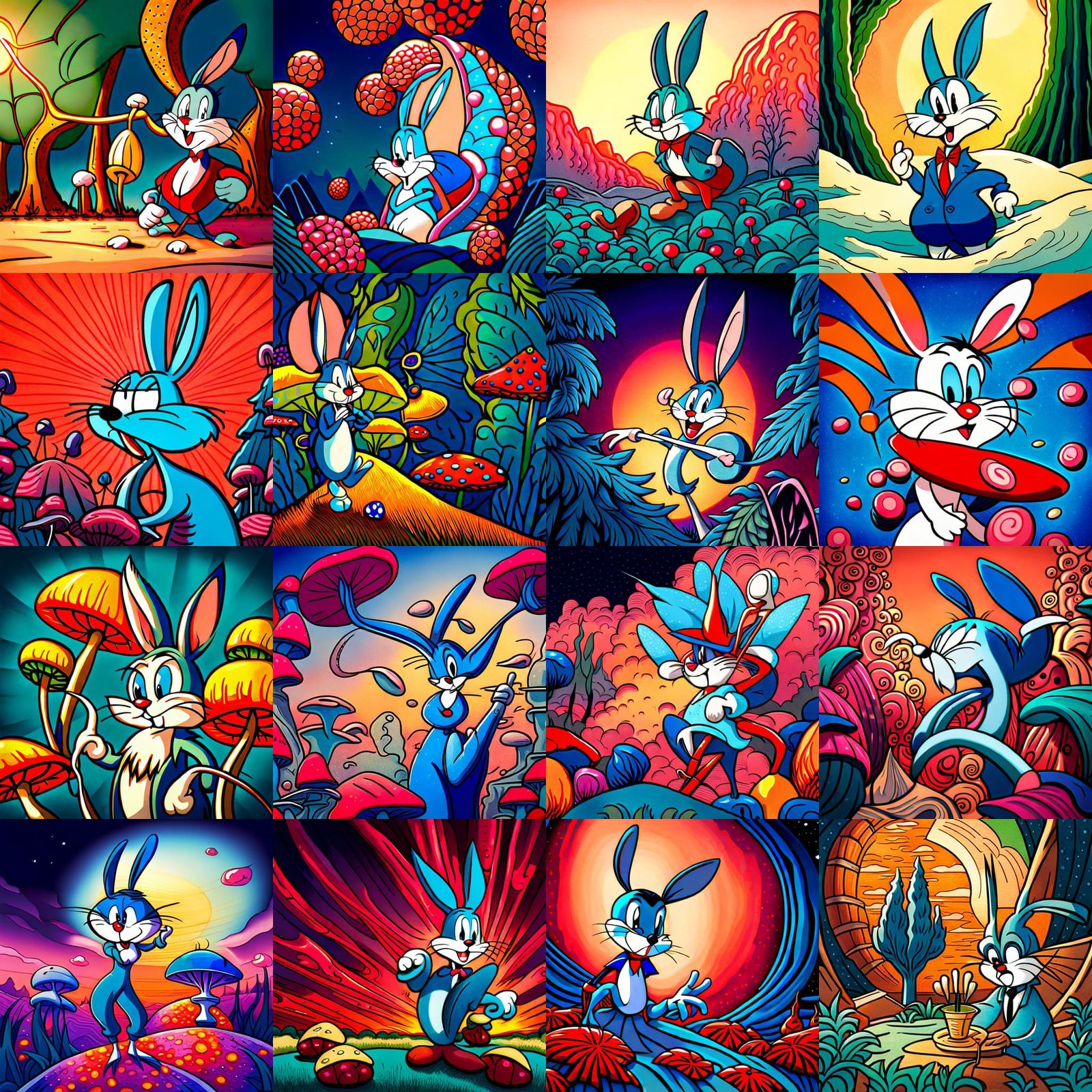 Psychedelic Bugs Bunny with Blue Mushrooms