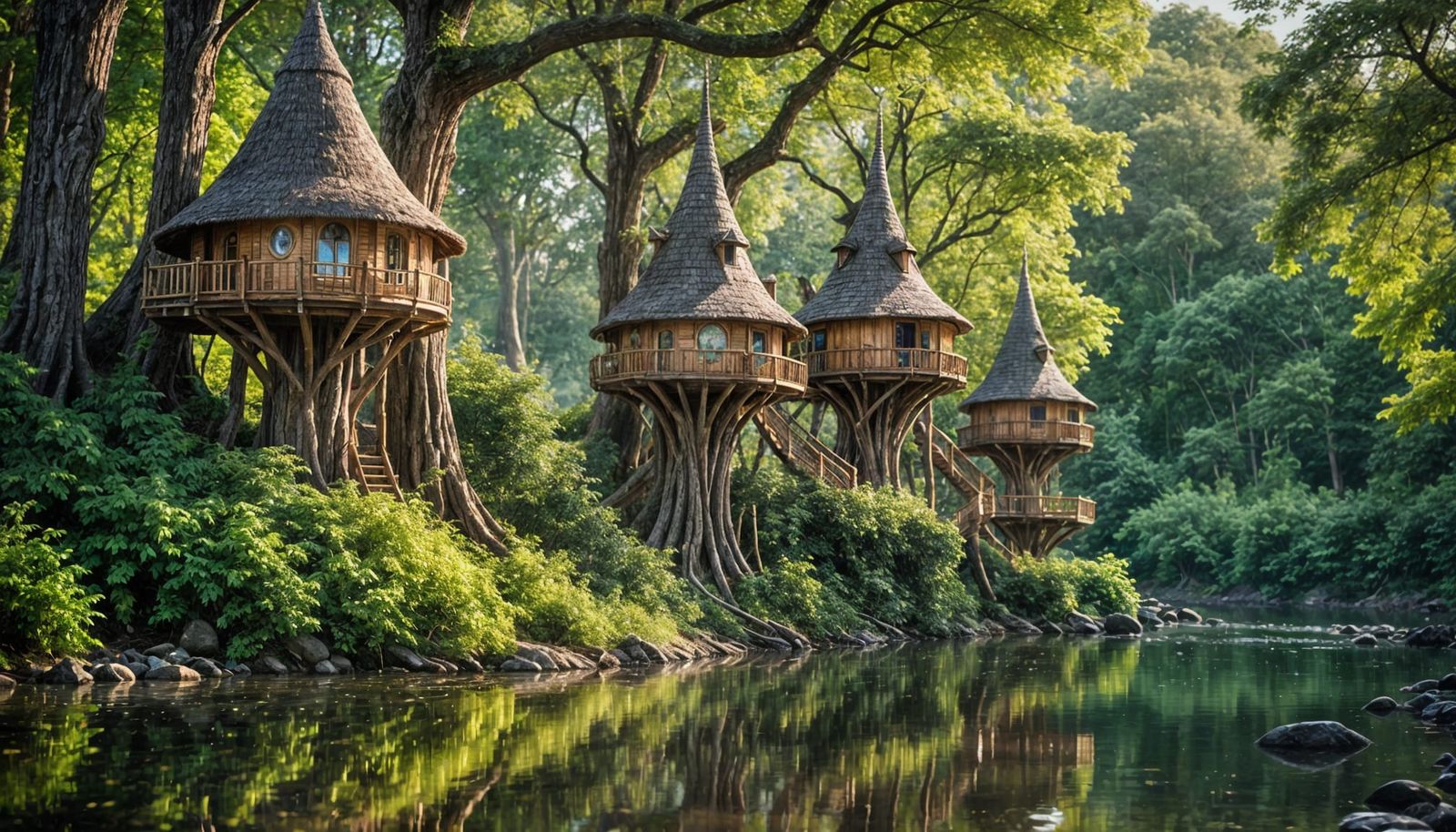Elven Treehouses by River in Forest, Professional Photograph...