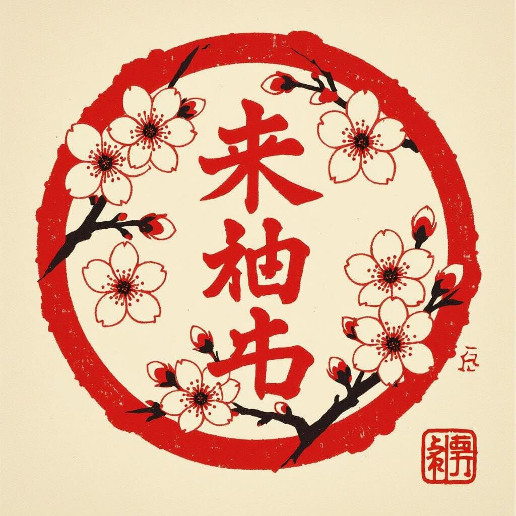 Red Hanko Seal with Kanji and Cherry Blossoms