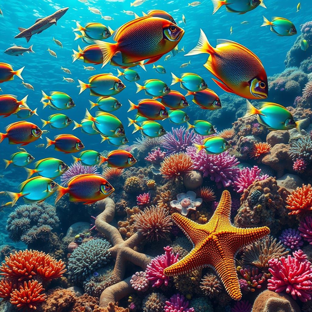 Vibrant Coral Reef with Exotic Fish and Starfish