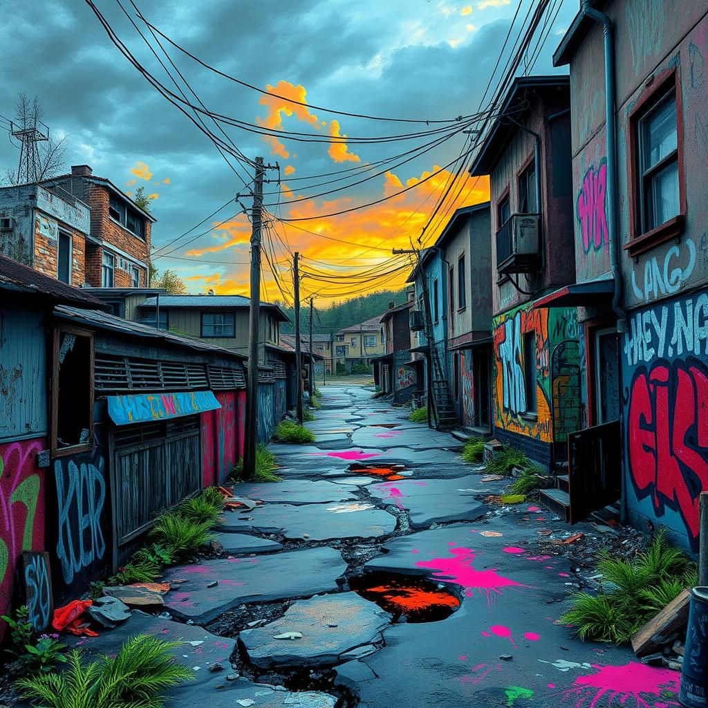 Run-Down Neighborhood with Vibrant Graffiti Art