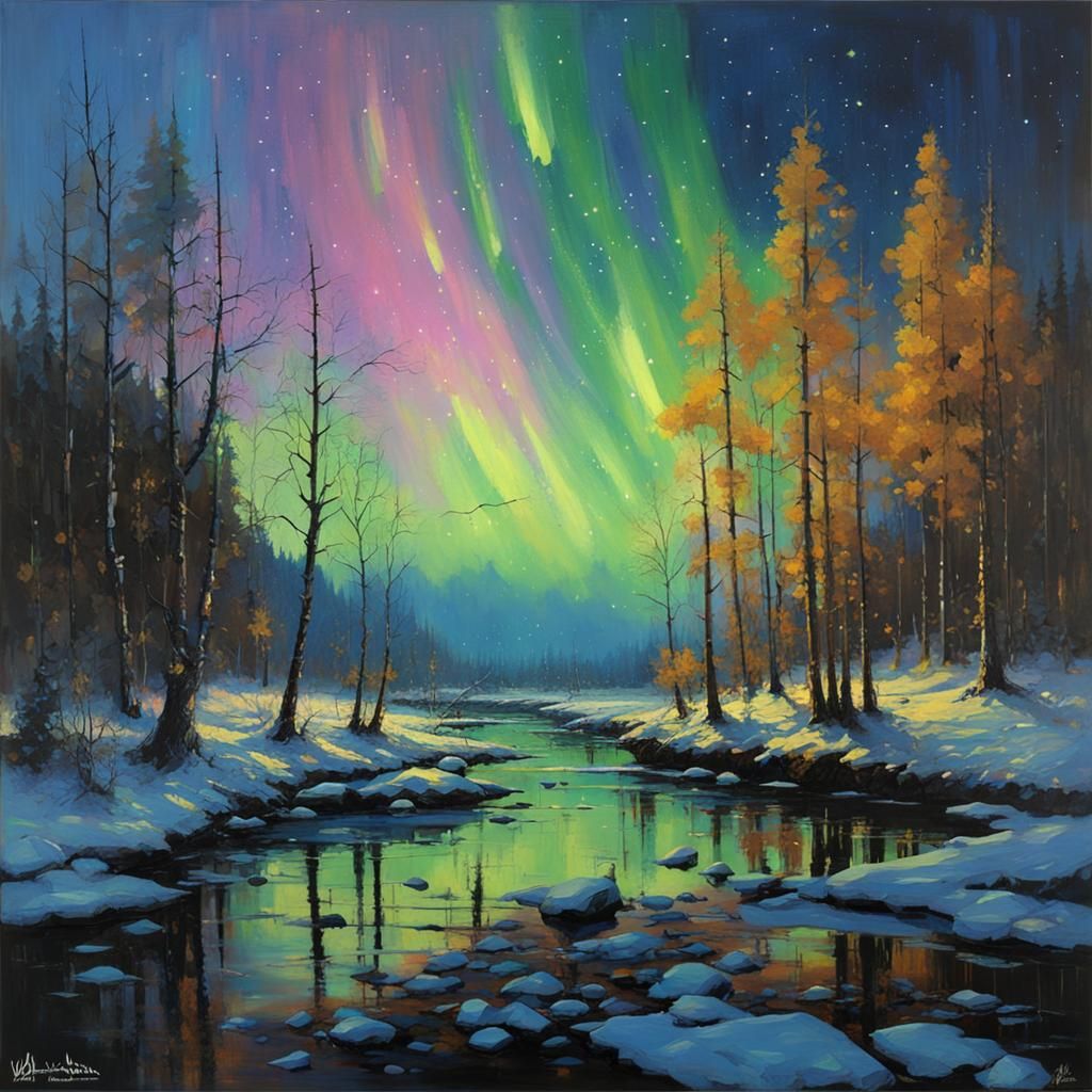 Sparkling Sea Aurora in Primitivism Style