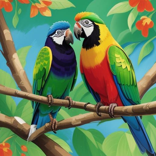 Parrots with Flowers: Colorful Digital Art